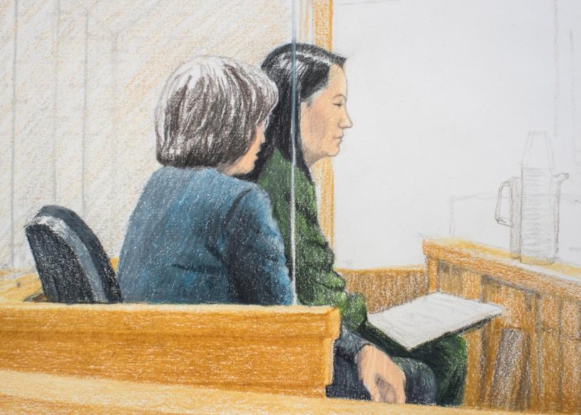 In this courtroom sketch, Meng Wanzhou, back right, the chief financial officer of Huawei Technologies, sits beside a translator during a bail hearing at B.C. Supreme Court in Vancouver, on Friday December 7, 2018. She was arrested Saturday after an extradition request from the United States while in transit at the city's airport. THE CANADIAN PRESS/Jane Wolsak