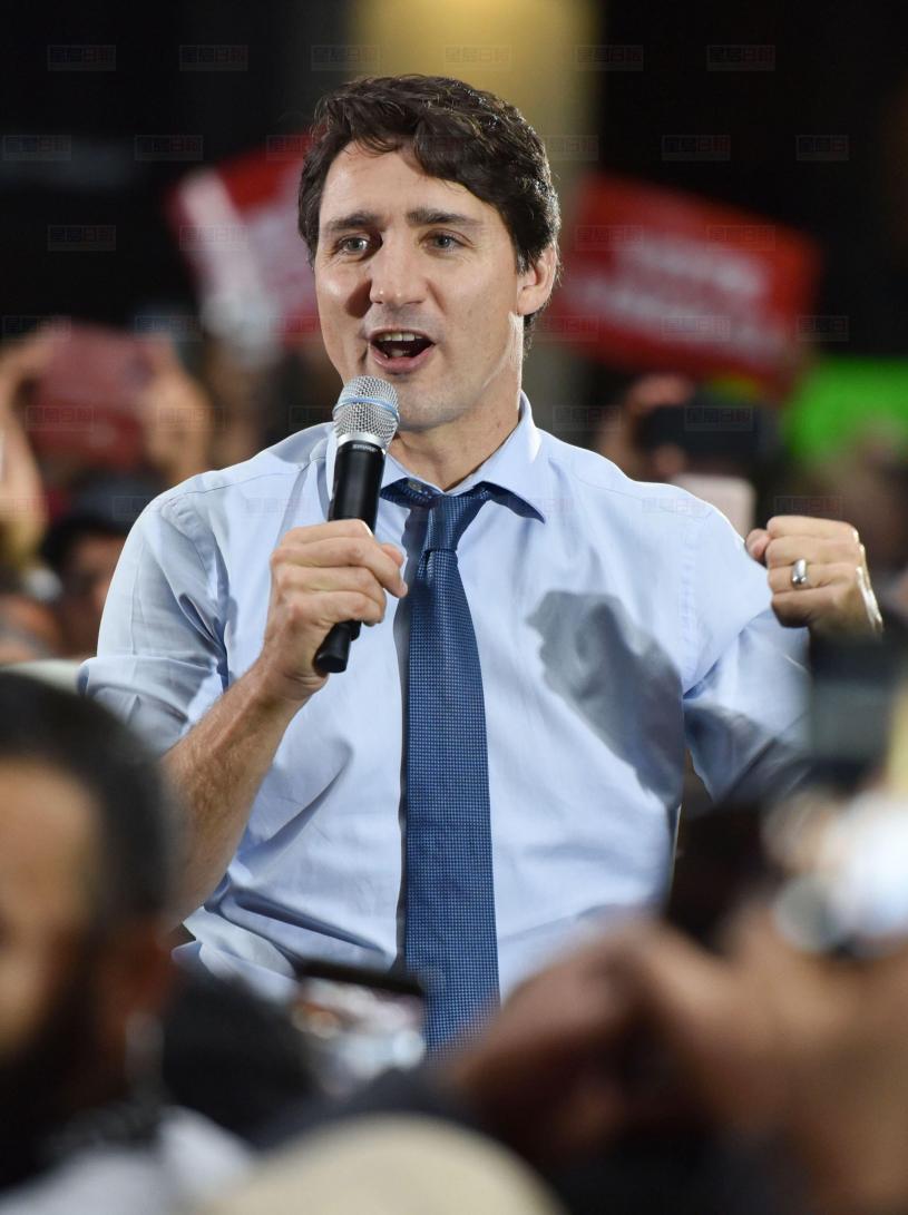 Leader of the Liberal Party of Canada, Prime Minister, Justin Trudeau, speaks to supporters during a 