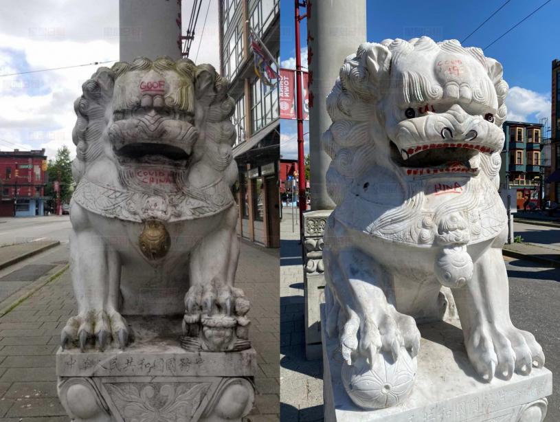 温哥华华埠石狮屡遭涂鸦破坏。CityNews
