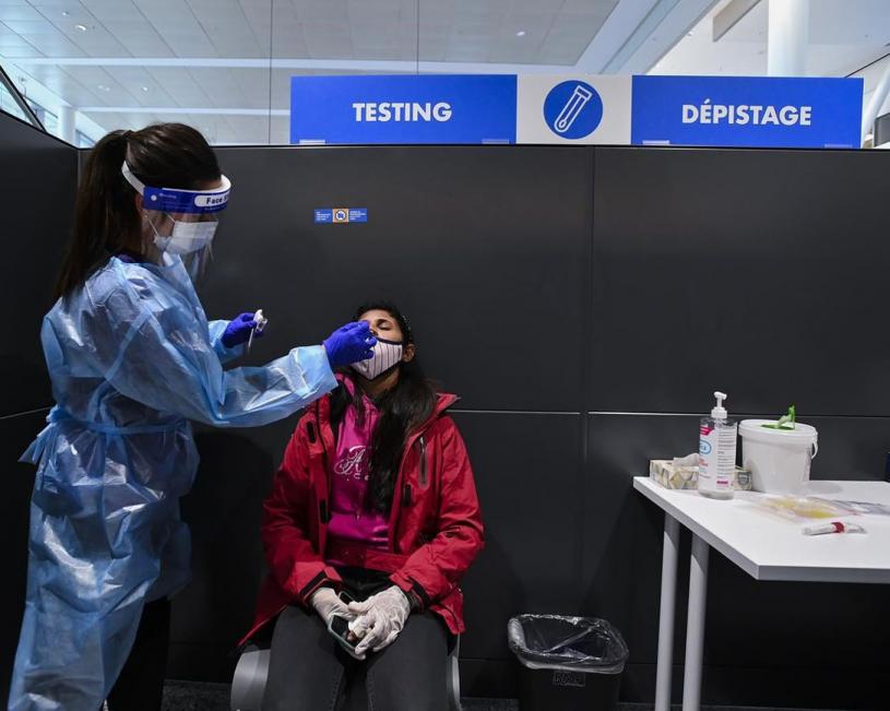 医务人员在多伦多皮尔逊国际机场为入境旅客进行测试。加通社