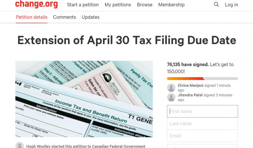 截至周一下午，已有逾7.6万人参与了要求延长报税日期的网上联署。网上图片