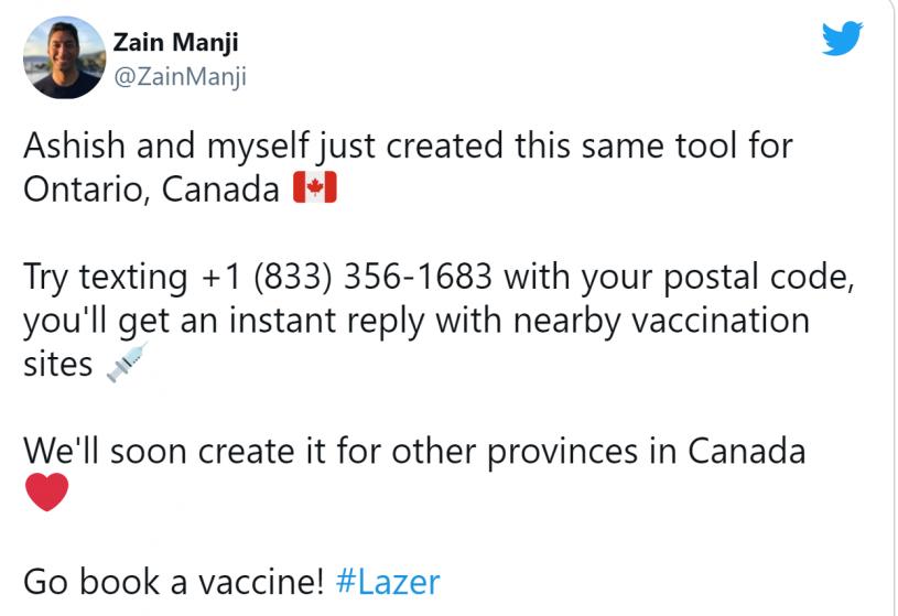 安省民众可使用短信方式，查询就近疫苗注射点的相关讯息。推特图
