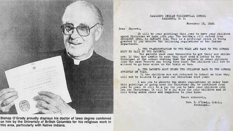 奧格雷迪手持UBC名譽法學博士證書(左)及他於1948年發出的家長信(右)。喬治王子報紙檔案室/BCTF