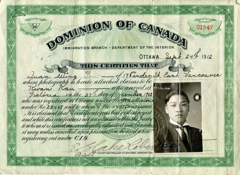 当年发行的C.I.5人头税纸，华人进入加拿大须缴纳人头税，并领取一张人头税纸，才可入境。博物馆提供