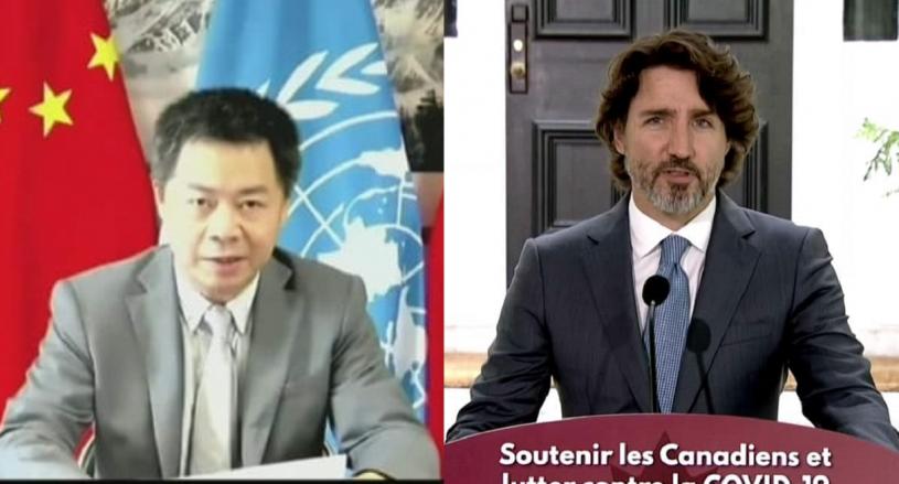 中国驻联合国代表团公使蒋端(左)及加拿大总理杜鲁多(右)。CBC