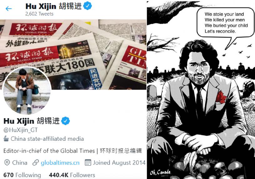 中国官媒《环球时报》总编辑胡锡进在推特上转载讽刺杜鲁多的漫画。推特图片