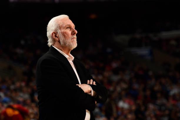 PHILADELPHIA, PA - JANUARY 23: Head Coach Gregg Popovich of the San Antonio Spurs stares on during the game against the Philadelphia 76ers on January 23, 2019 at the Wells Fargo Center in Philadelphia, Pennsylvania NOTE TO USER: User expressly acknowledges and agrees that, by downloading and/or using this Photograph, user is consenting to the terms and conditions of the Getty Images License Agreement. Mandatory Copyright Notice: Copyright 2019 NBAE (Photo by David Dow/NBAE via Getty Images)