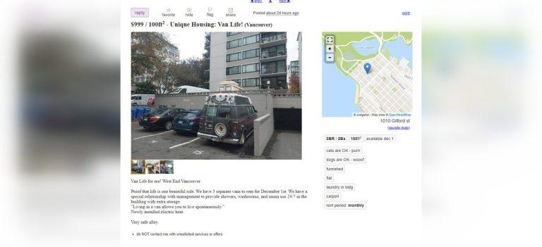 Craigslist上竟有溫哥華麵包車可租住，盛惠每月999。Craigslist