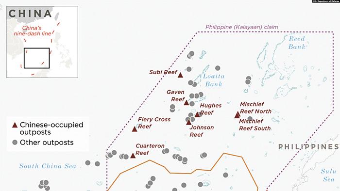美國國防部報告公佈的南沙群島示意圖顯示中國已佔領多個島礁。網上圖片