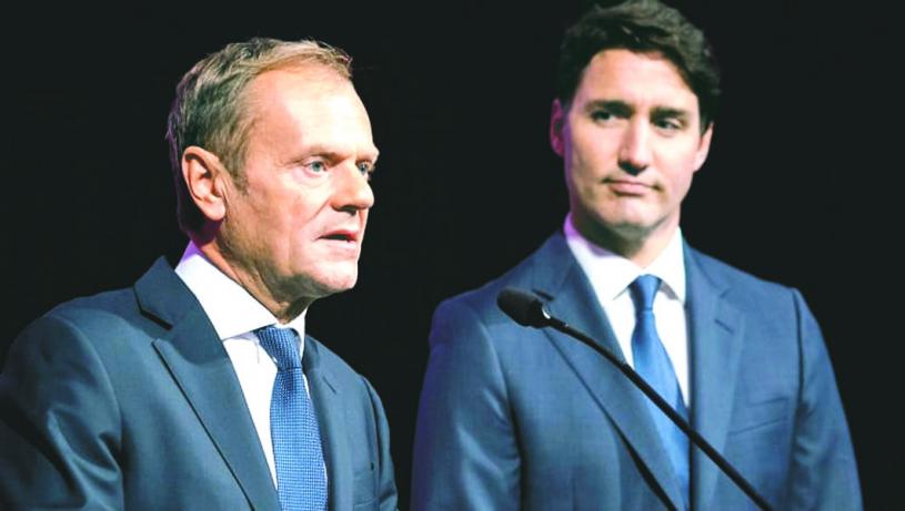 加拿大與歐盟同意設立替代上訴機構，解決貿易爭端。圖為加拿大總理杜魯多(右)與歐盟理事會主席圖斯克。加通社
