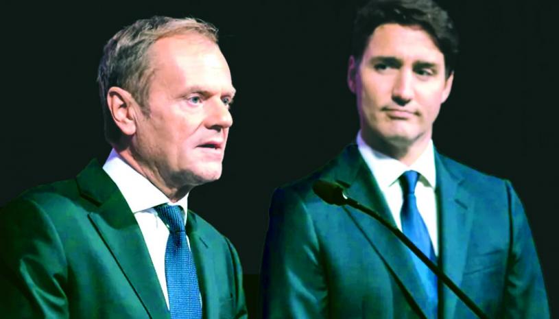 欧洲理事会主席图斯克（左）和加拿大总理杜鲁多在新闻发布会上。