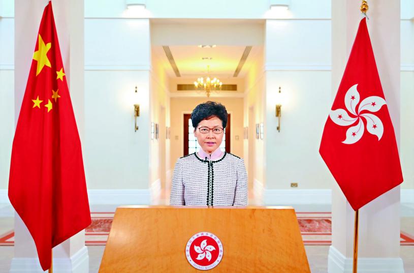 香港行政长官林郑月娥16日通过视像，发表任内第三份《施政报告》。港府新闻处图片