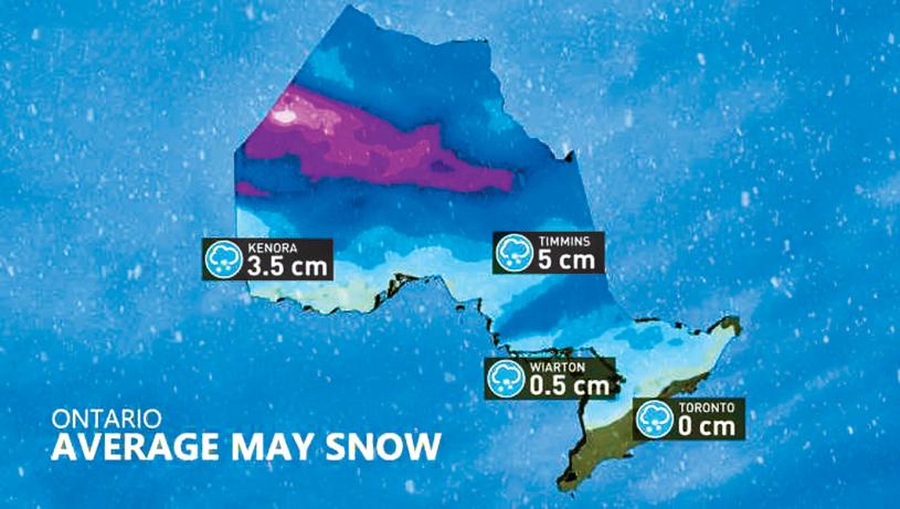 ■安省部分地区5月份可能飘雪。
Weather Network