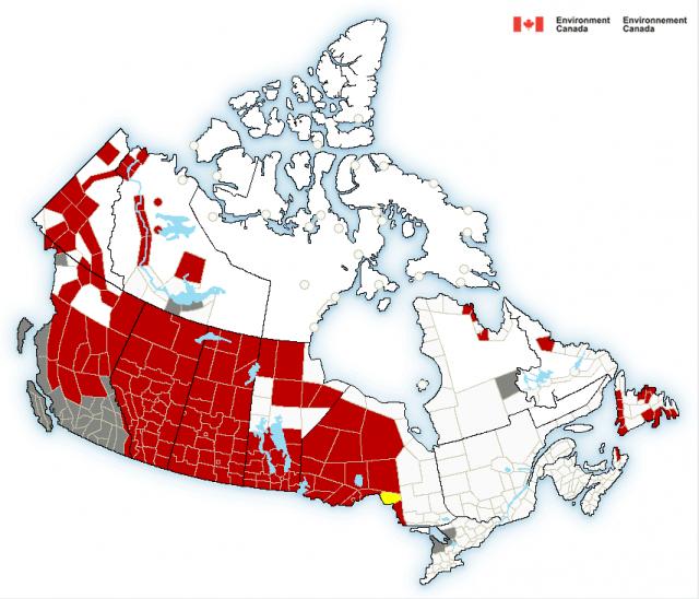 加拿大环境部对5个省份发出了极寒天气警报。环境部