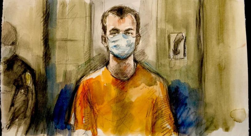 画家Pam Davies描绘维尔特曼于周四以视讯出庭时的神态。CBC