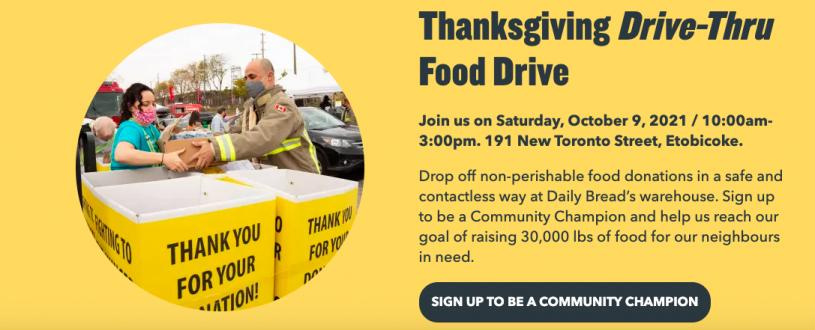 总部位于多伦多的Daily Bread Food Bank发起感恩节捐助食物活动。官网
