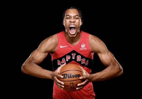 LAS VEGAS, NV - AUGUST 15: Scottie Barnes #4 of the Toronto Raptors poses for a portrait during the 2021 NBA Rookie Photo Shoot on August 15, 2021 at the University of Nevada, Las Vegas campus in Las Vegas, Nevada. NOTE TO USER: User expressly acknowledges and agrees that, by downloading and/or using this Photograph, user is consenting to the terms and conditions of the Getty Images License Agreement. Mandatory Copyright Notice: Copyright 2021 NBAE (Photo by  Brian Babineau/NBAE via Getty Images)