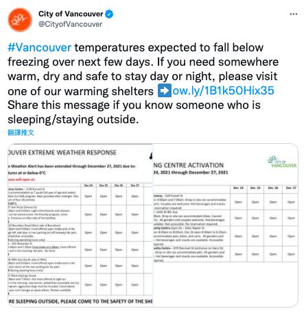 温哥华的多间避寒中心已开放。Twitter