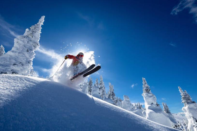 Powder skiing on a sunny day.