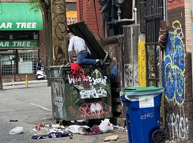 ■一名男子在华埠后巷的一个垃圾桶内往外翻垃圾。		资料图片
