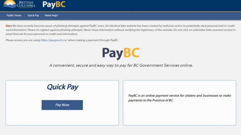 PayBC官网加注了讯息警告用户提防假冒，认清网址