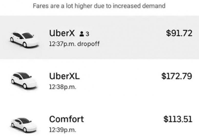 ■截圖顯示Uber的1程收費由91.72元至172.79元不等。