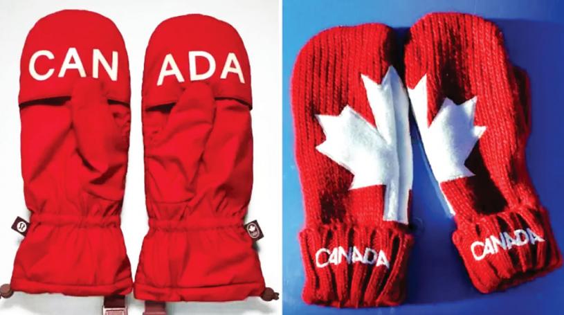 ■左邊是Lululemon的奧運手套，一雙68元。右邊是HBC於溫哥華冬奧推出的手套，一雙10元。 加通社