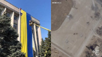 俄烏局勢｜衛星照顯示俄軍直升機撤離赫爾松 網傳市議會大樓掛巨幅烏克蘭國旗
