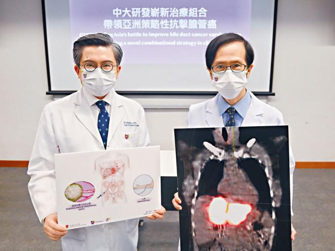 余俊豪教授（右）及陈林教授介绍肝内胆管癌新疗法。