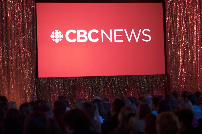 The CBC News logo is projected onto a screen during the CBC's annual upfront presentation in Toronto, Wednesday, May 29, 2019. CBC's flagship newscast 