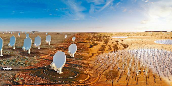 合并图像显示未来位于南非的碟形天线(图左部分)，及未来位于西澳洲的SKA-Low天线（对低频无线信号敏感）。

