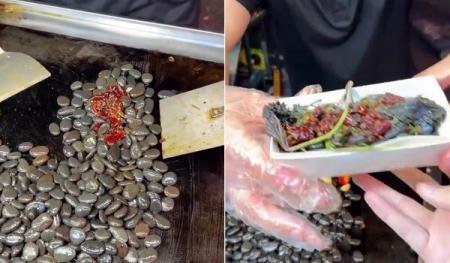 長沙夜市16元一份爆炒鵝卵石湖北地道菜「嗍丟」吃法驚人