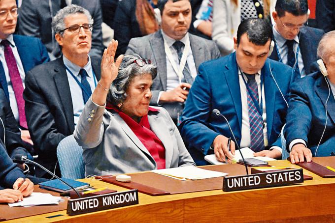 美國駐聯合國代表托瑪斯格林菲爾德周一在安理會上，就加沙停火決議案投棄權票。
