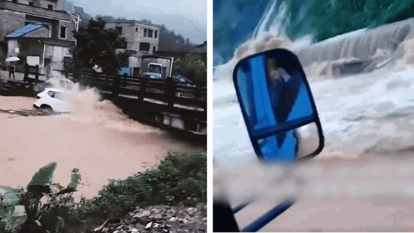 广东清远暴雨｜有车被水冲走 高铁车厢入水